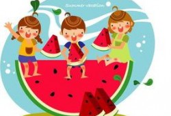 儿童吃瓜插画图,儿童吃瓜插画，描绘夏日欢乐时光